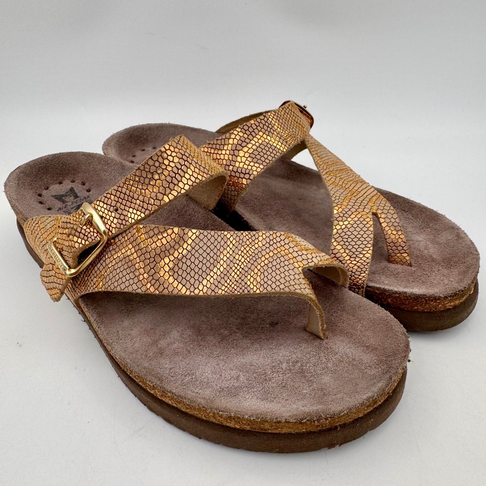 Mephisto Helen Metallic Gold Snakeskin Leather Toe Loop Cork Sandals EU 39 US 9